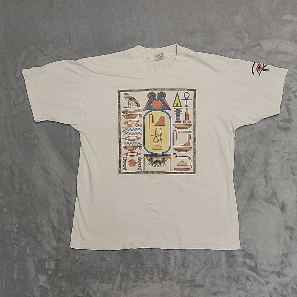 VTG Pyramid Printworks Egyptian Hieroglyphics Shirt Mens L White Made In USA